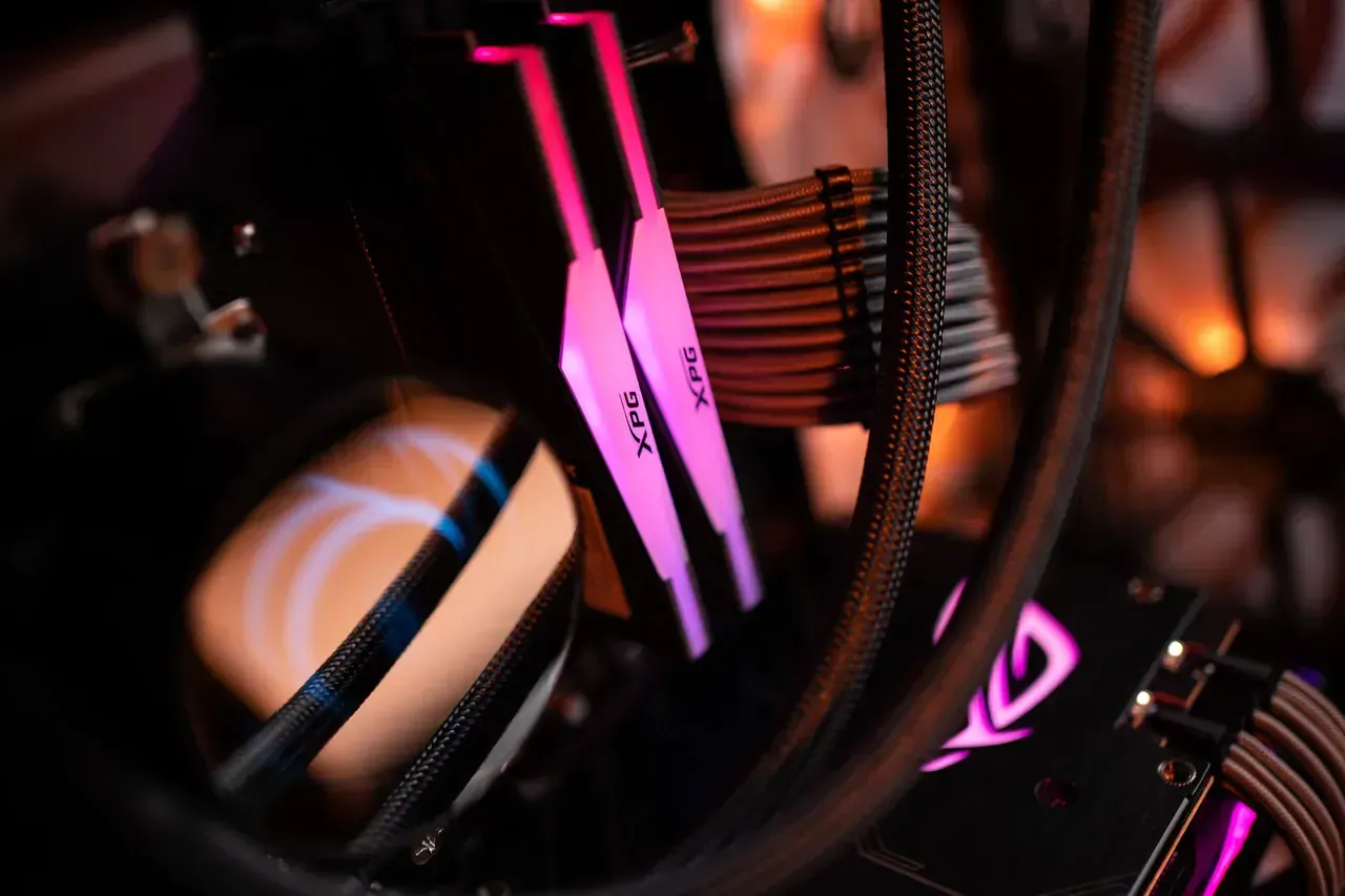 Close-up of sleeved cables and memory modules inside a Techtonic build