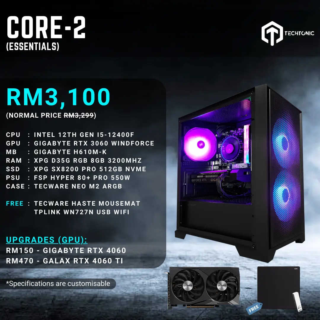 Custom PC Package with pre-tailored specifications with the bare essential components to ensure stability - able to handle all forms of workloads from gaming to photo and video editing, data analytics and rendering. This is the budget friendly option for those who want performance without breaking the bank.
